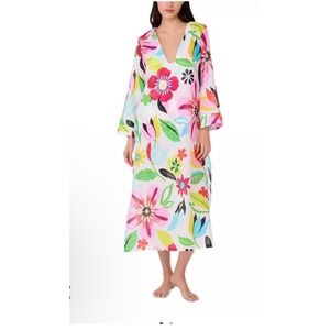 Kate Spade New York Floral Print V Neck Long Sleeve Caftan Dress Cover Up large